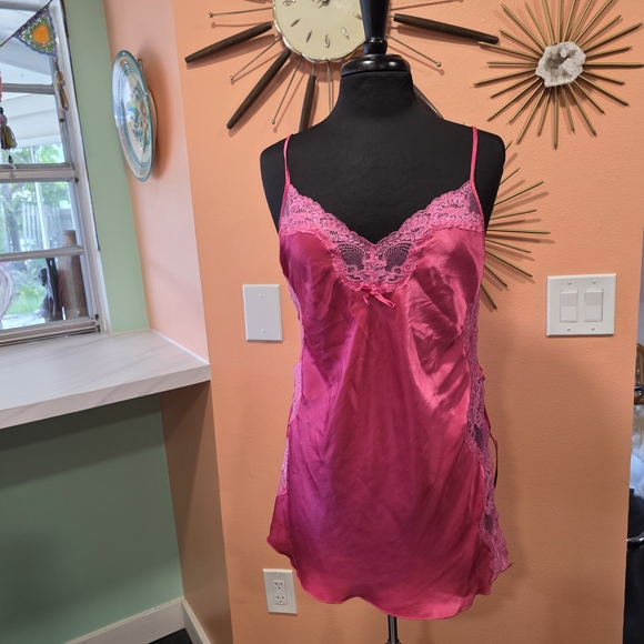 Vintage Y2K Pink Slip Dress Pink Lace Trim Chemise Satin Feminine Baddie 2000s - Picture 6 of 15